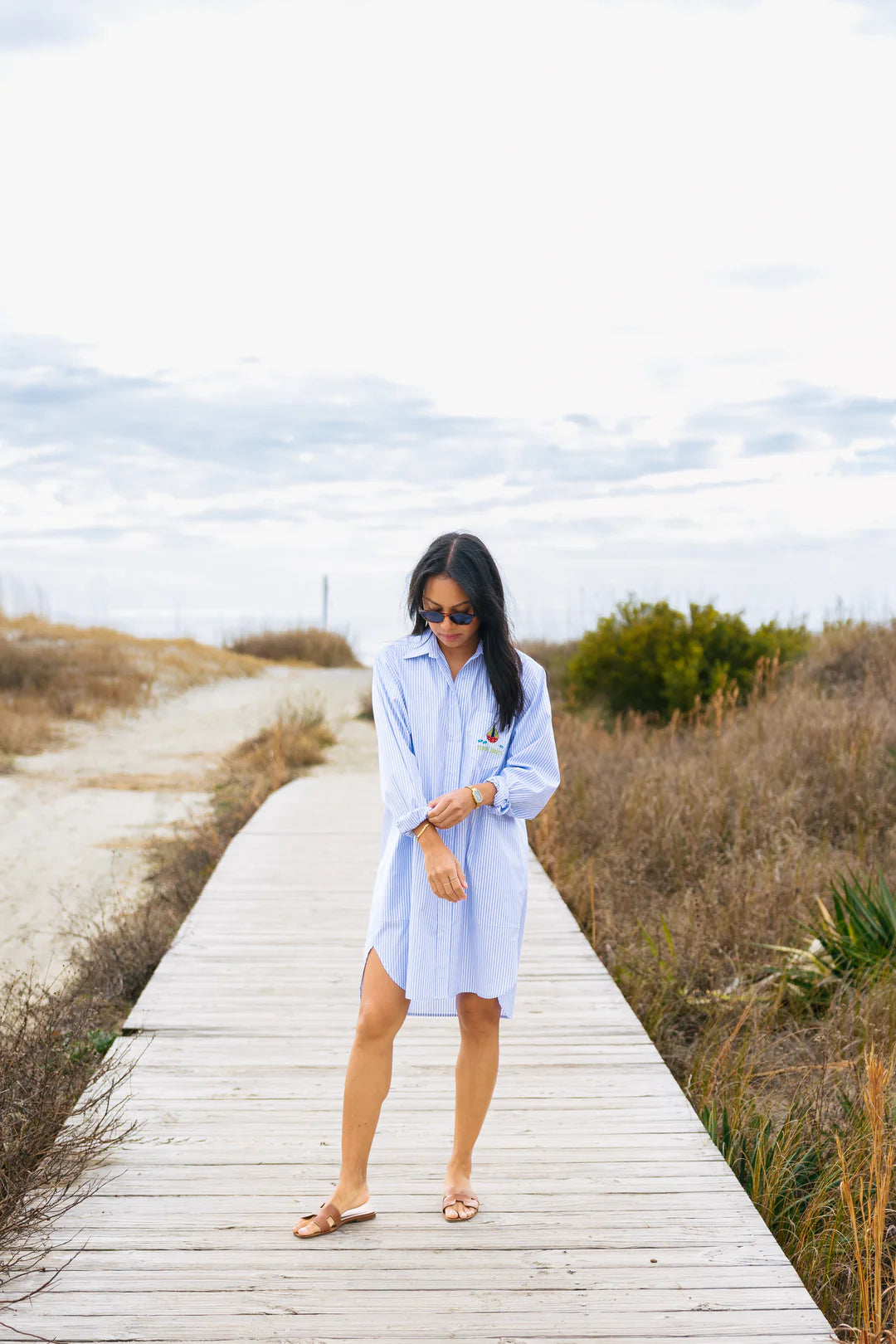 Three Sheets Shirt Dress- Blue Stripe