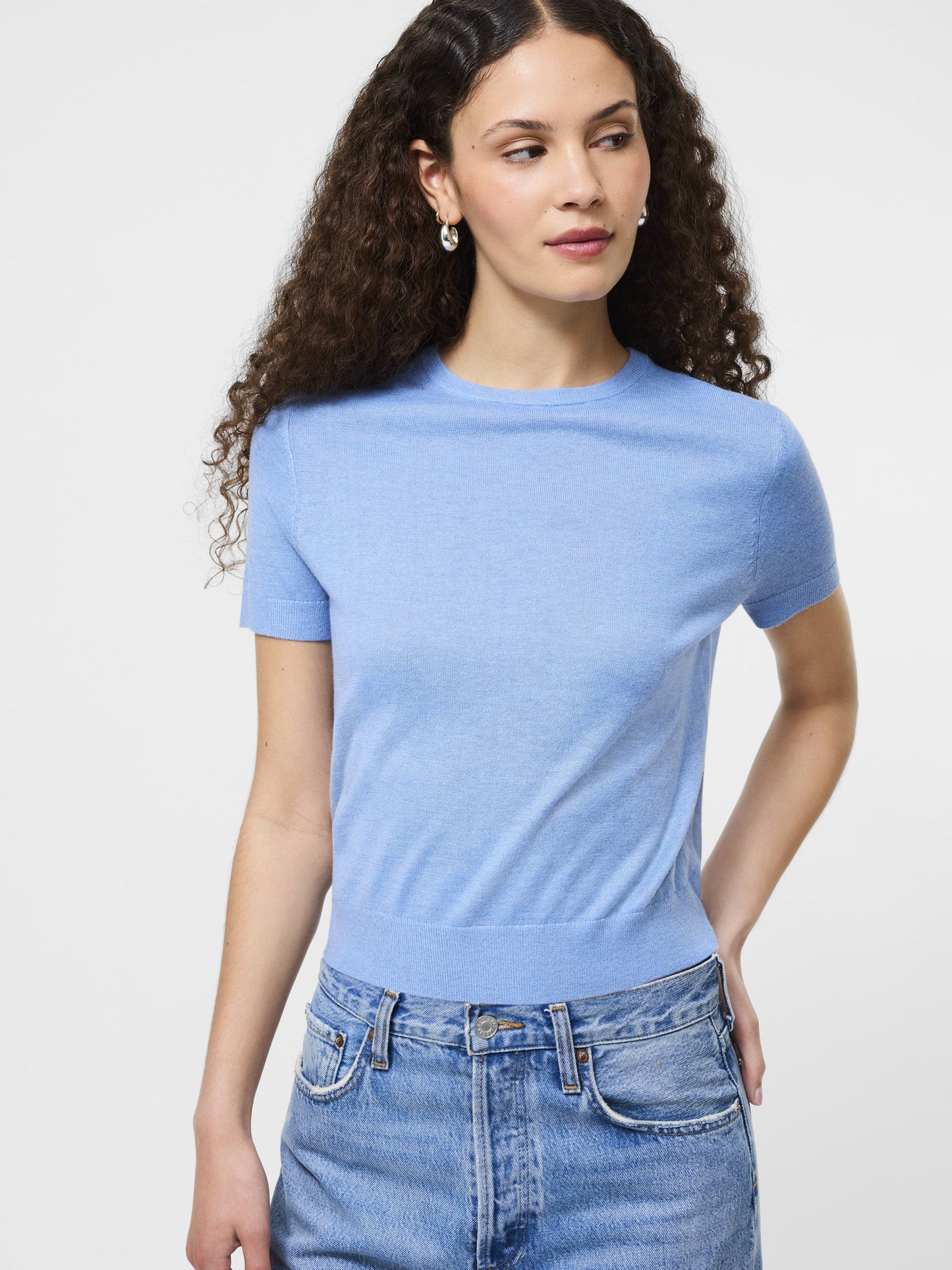 Nola Fine Knit Short Sleeve Sweater- Thistle Blue
