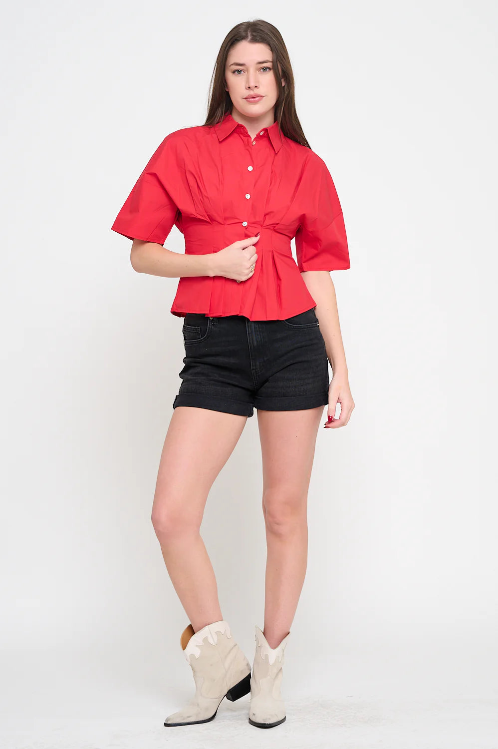Red Poplin Pin-Tucked Shirt