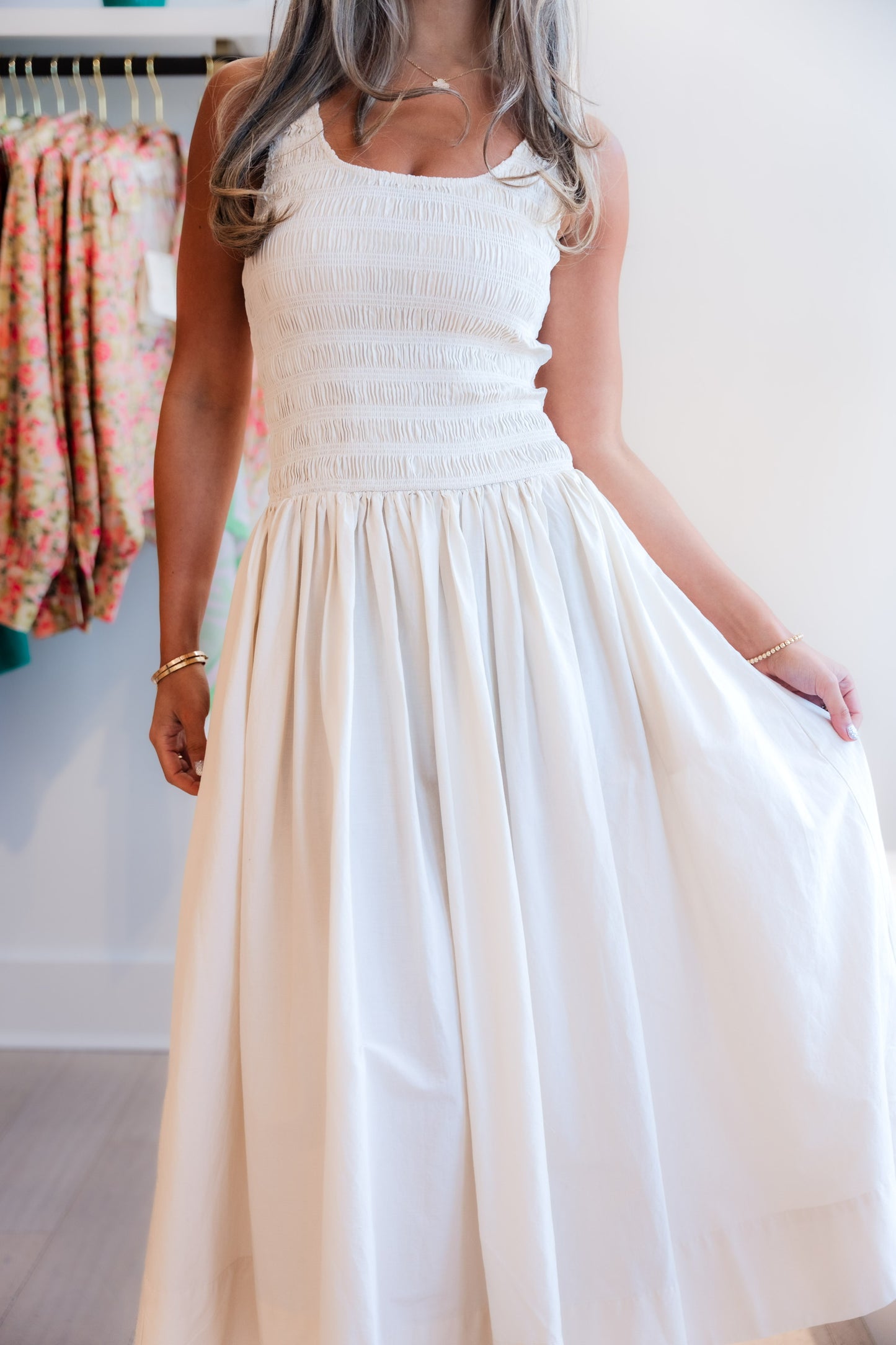 Alessia Smocked Drop Waist Dress- Shell