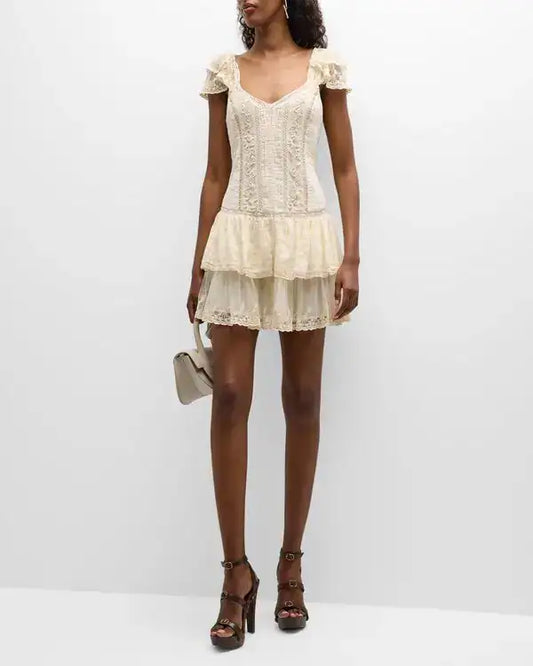 Rowley Flutter-Sleeve Tiered Lace Mini Dress- LoveShackFancy