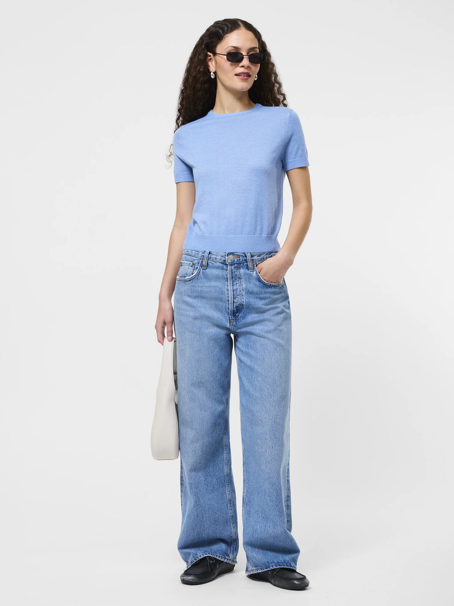 Nola Fine Knit Short Sleeve Sweater- Thistle Blue