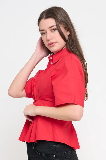 Red Poplin Pin-Tucked Shirt
