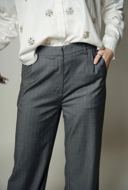 Zoe Print Striped Pants-Smoke Grey- Karina Grimaldi