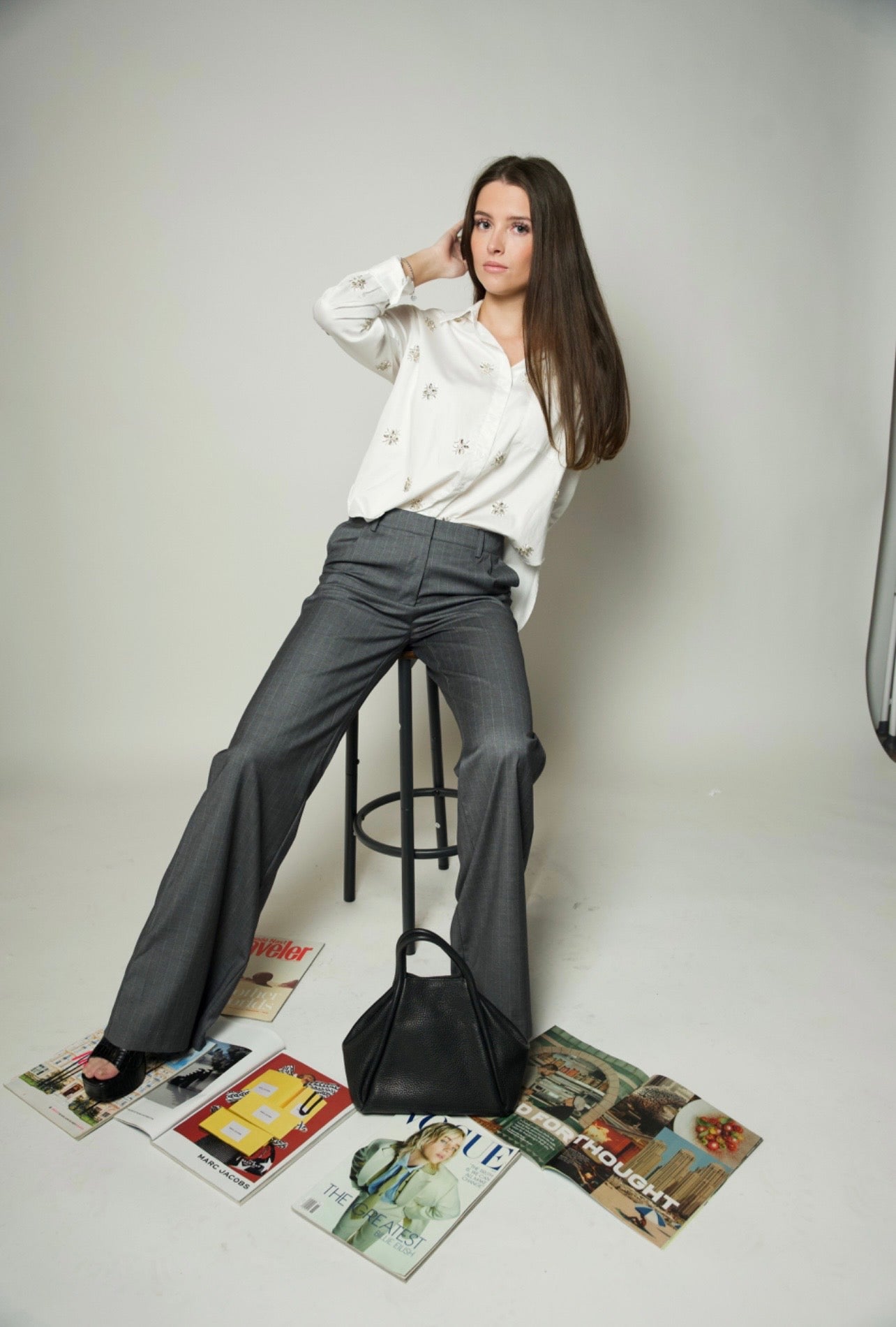 Zoe Print Striped Pants-Smoke Grey- Karina Grimaldi