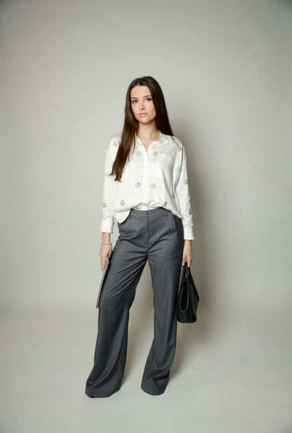 Zoe Print Striped Pants-Smoke Grey- Karina Grimaldi