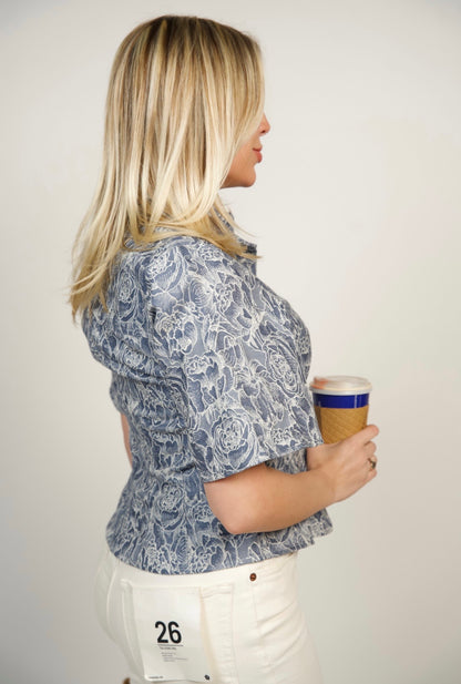Carine Blouse-Floral Denim Jacquard- Gilner Farrar