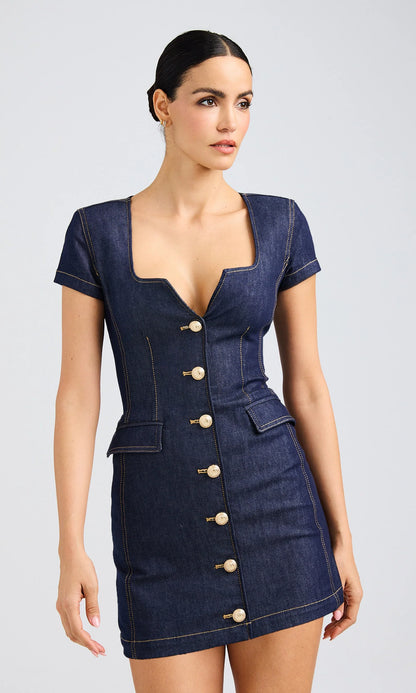 Brunella Sheen Denim Dress- Dark Denim Blue