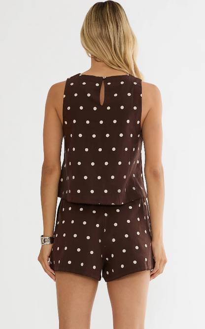 Dollie Sleeveless Brown Polka Dot Linen - Beach Riot