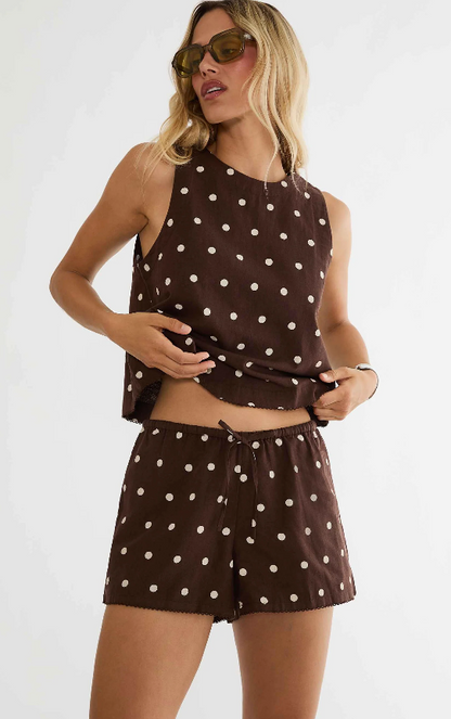 Birkley Short Brown Polka Dot Linen- Beach Riot