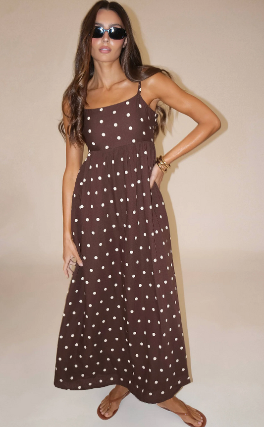 Valory Maxi Dress Brown Polka Dot - Beach Riot
