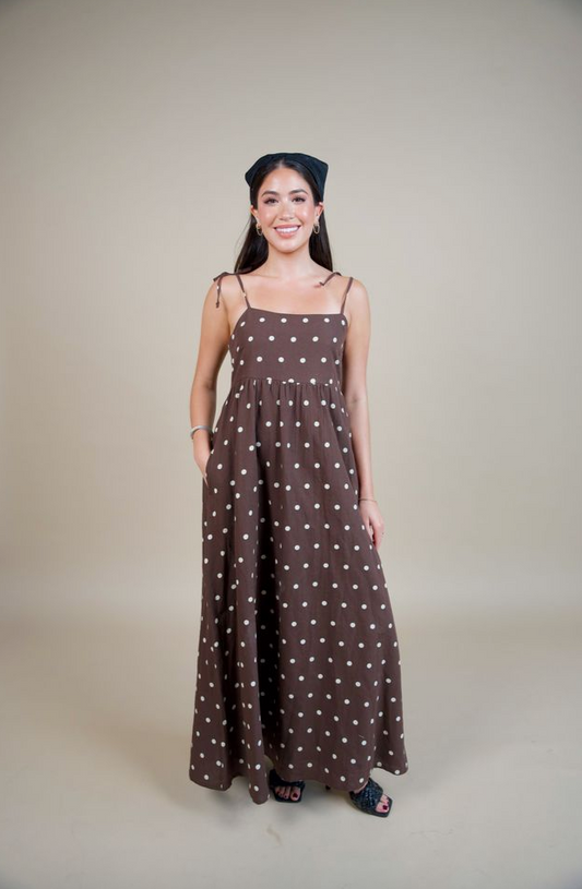 Valory Maxi Dress Brown Polka Dot - Beach Riot