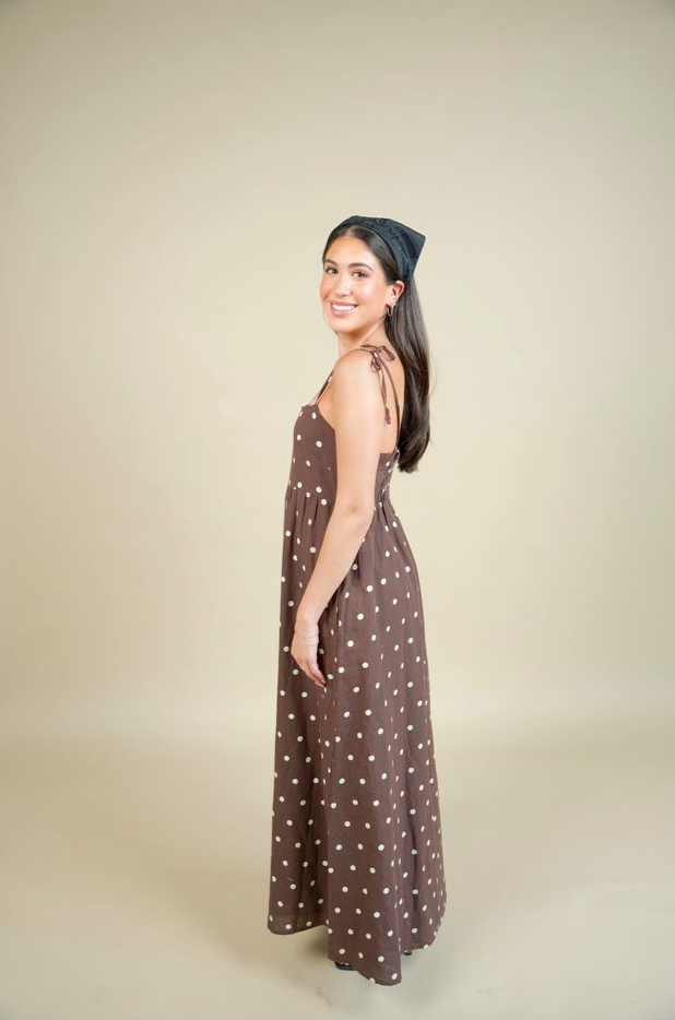 Valory Maxi Dress Brown Polka Dot - Beach Riot