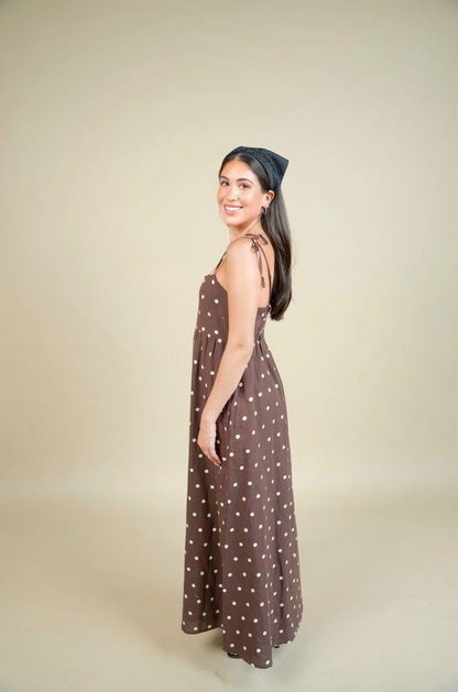 Valory Maxi Dress Brown Polka Dot - Beach Riot