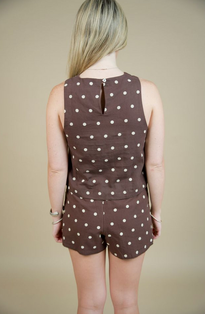 Dollie Sleeveless Brown Polka Dot Linen - Beach Riot
