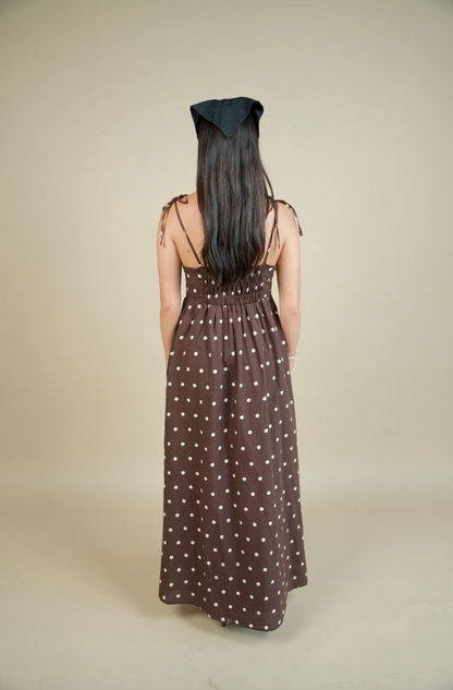 Valory Maxi Dress Brown Polka Dot - Beach Riot