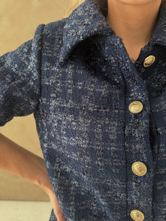 Celia Cropped Jacket-Navy Tweed