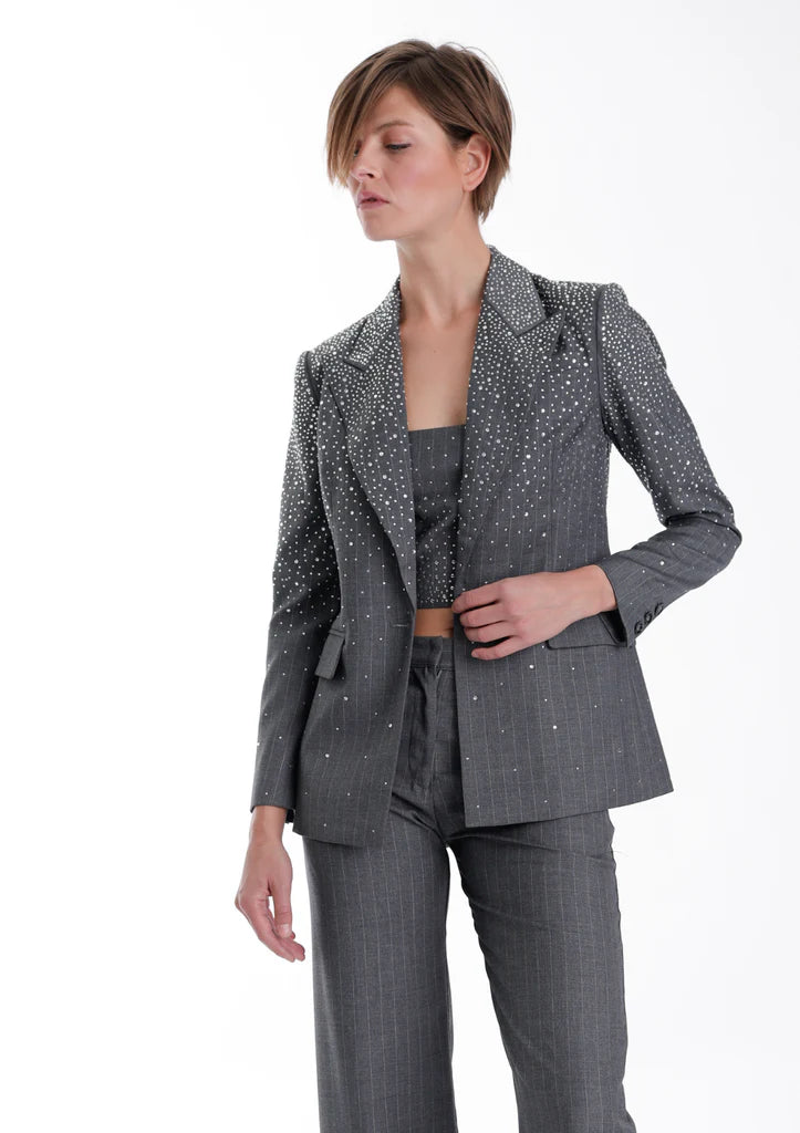 Zoe Rhinestone Blazer- Smoke Grey
